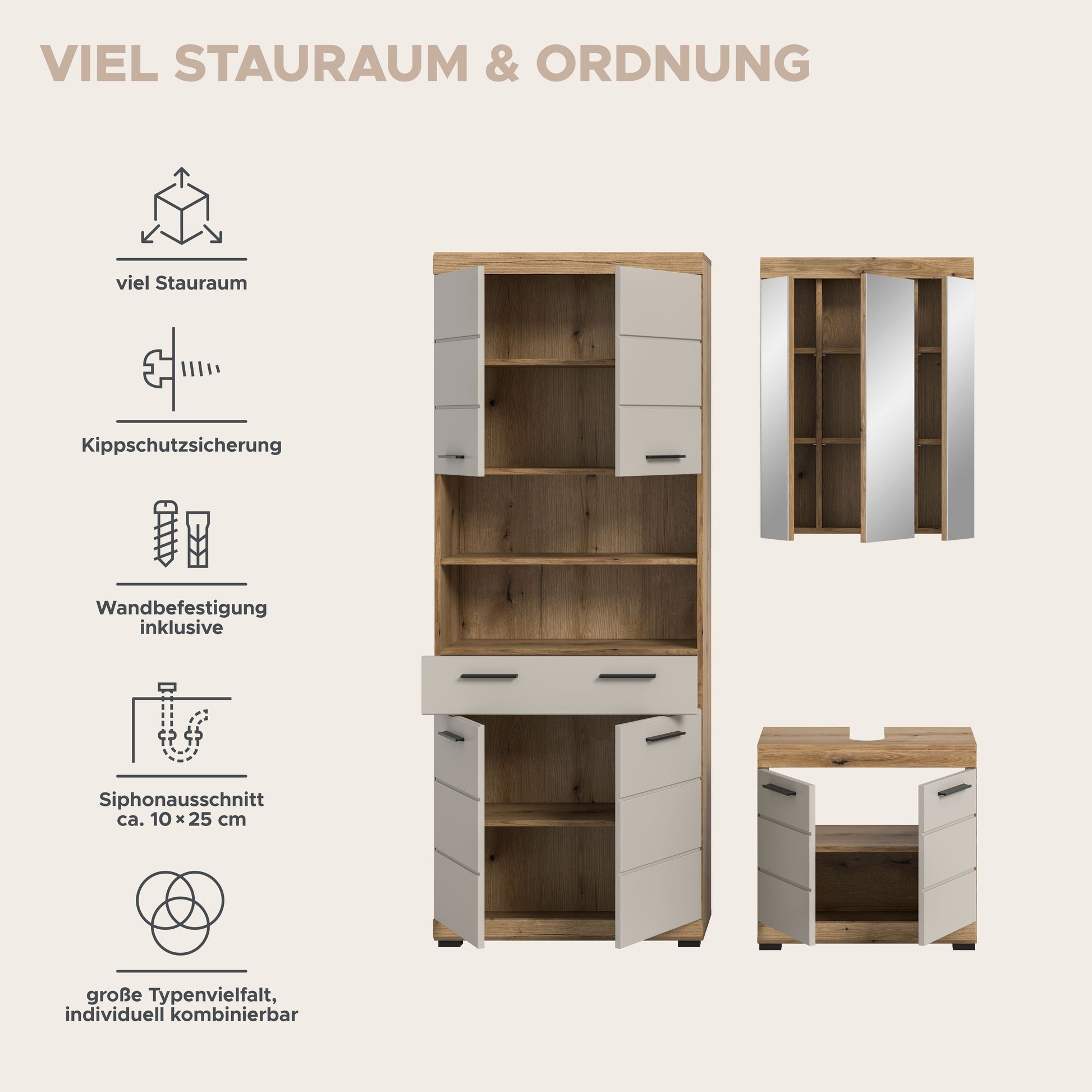 Badezimmerschrank mit Spiegeltüren und Stauraum, Korpus weiß und Holzdekor