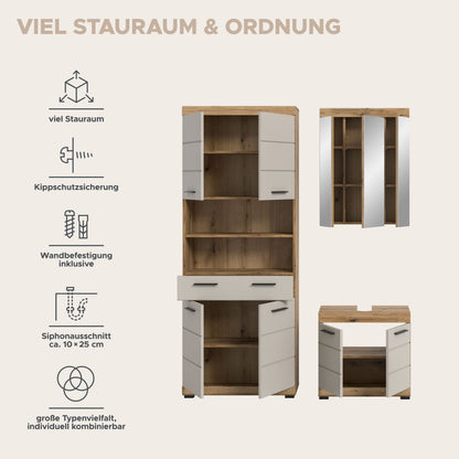 Badezimmerschrank mit Spiegeltüren und Stauraum, Korpus weiß und Holzdekor