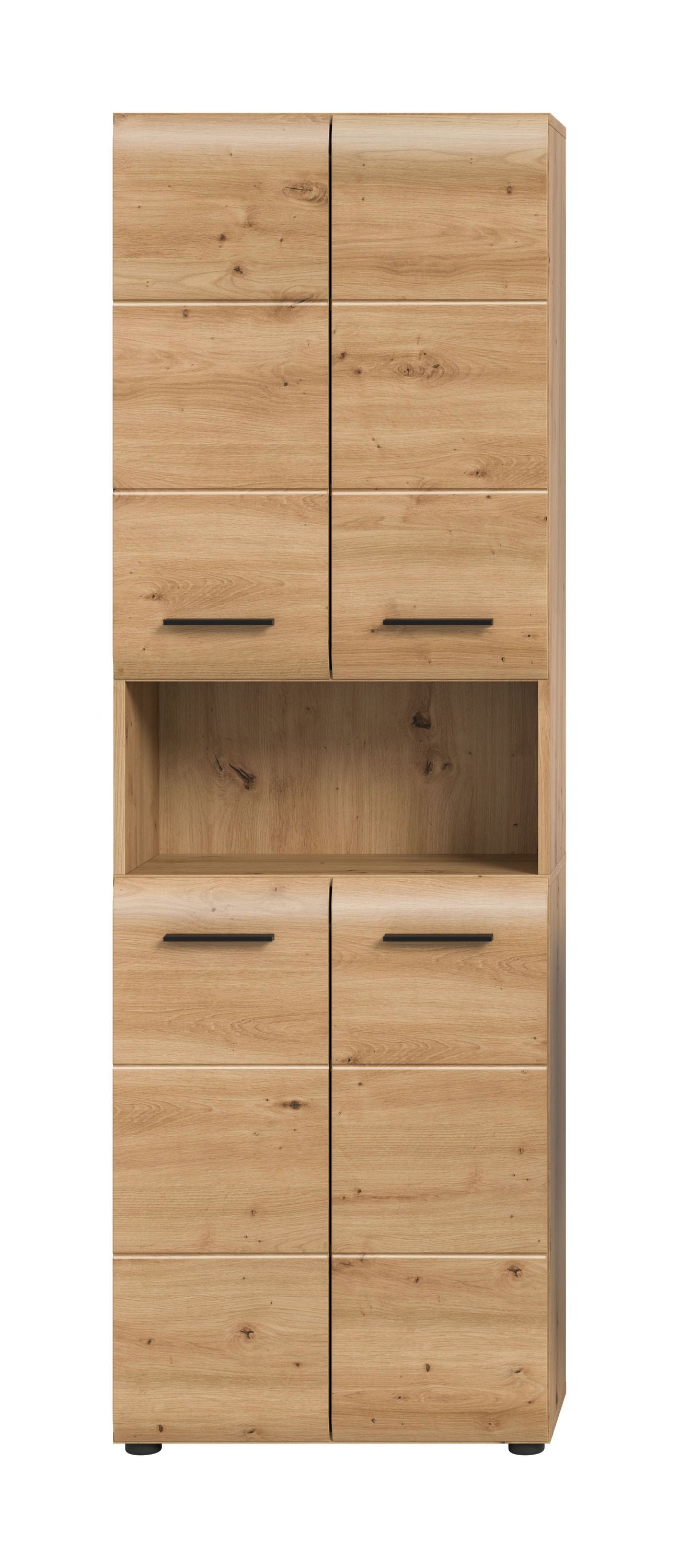 Badezimmerhochschrank im hellen Holzdekor mit vier Türen und zwei offenen Fächern