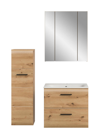 Badmöbel-Set: Spiegelschrank, Waschtischunterschrank und Hochschrank in heller Holzoptik