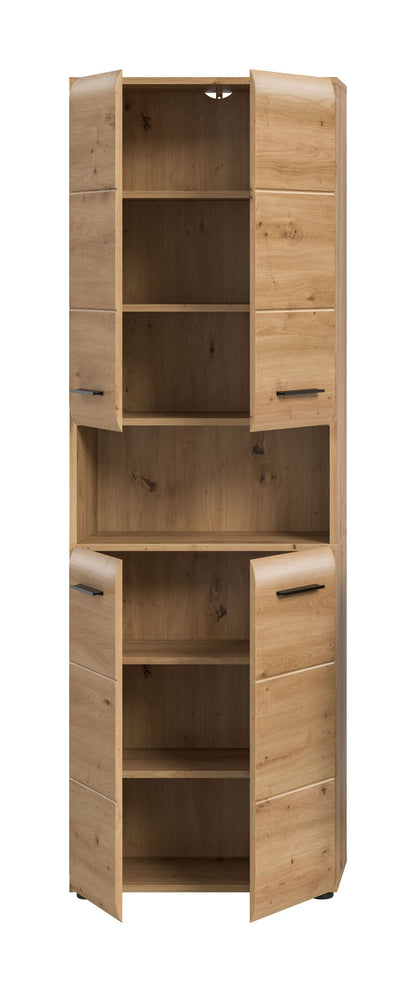 Badezimmerhochschrank offen mit innenliegenden Einlegeböden im hellen Holzdekor