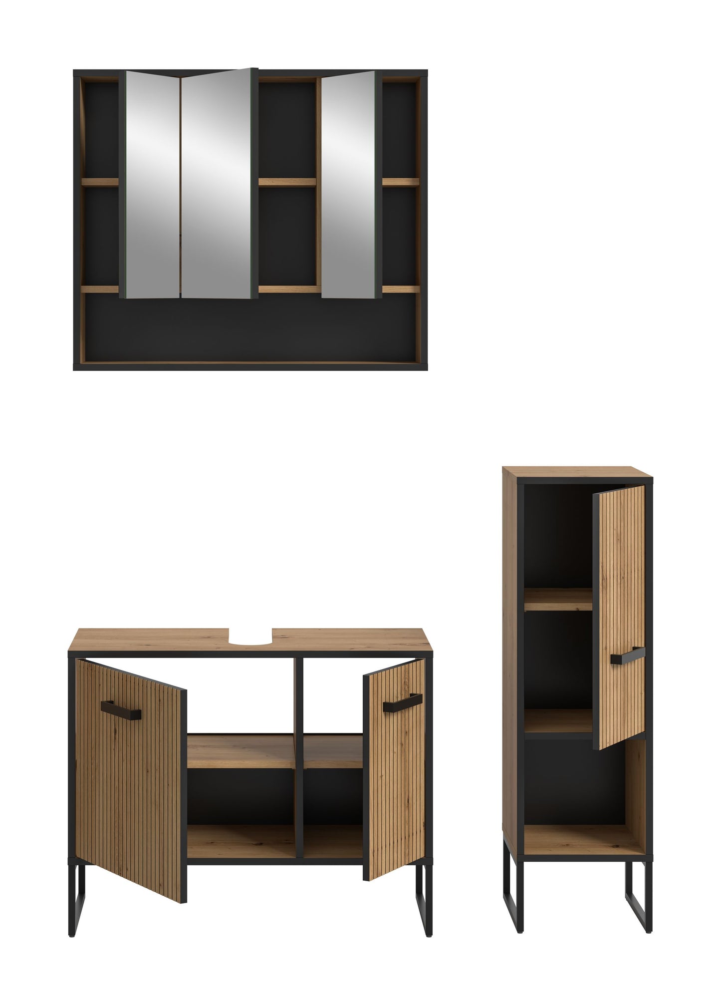 Badmöbel-Set mit geöffnetem Waschtischunterschrank und offenem Spiegelschrank