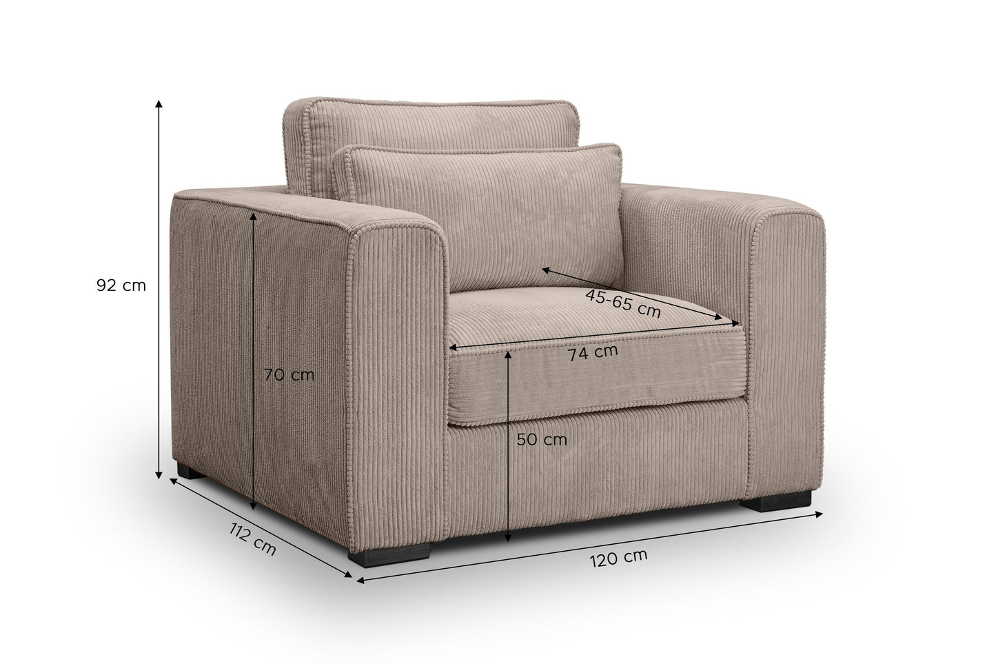 Cord-Polstersessel Greige mit Maßangaben: Breite 120 cm, Höhe 92 cm