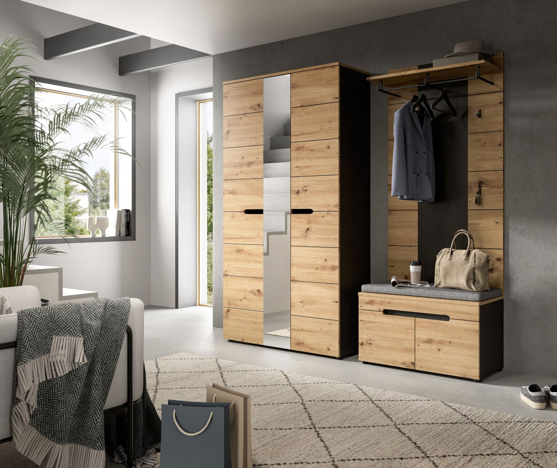 Flurmöbel-Set mit Garderobenschrank, Mittelspiegel und Sitzbank; Jacke, Tasche und Hut sichtbar