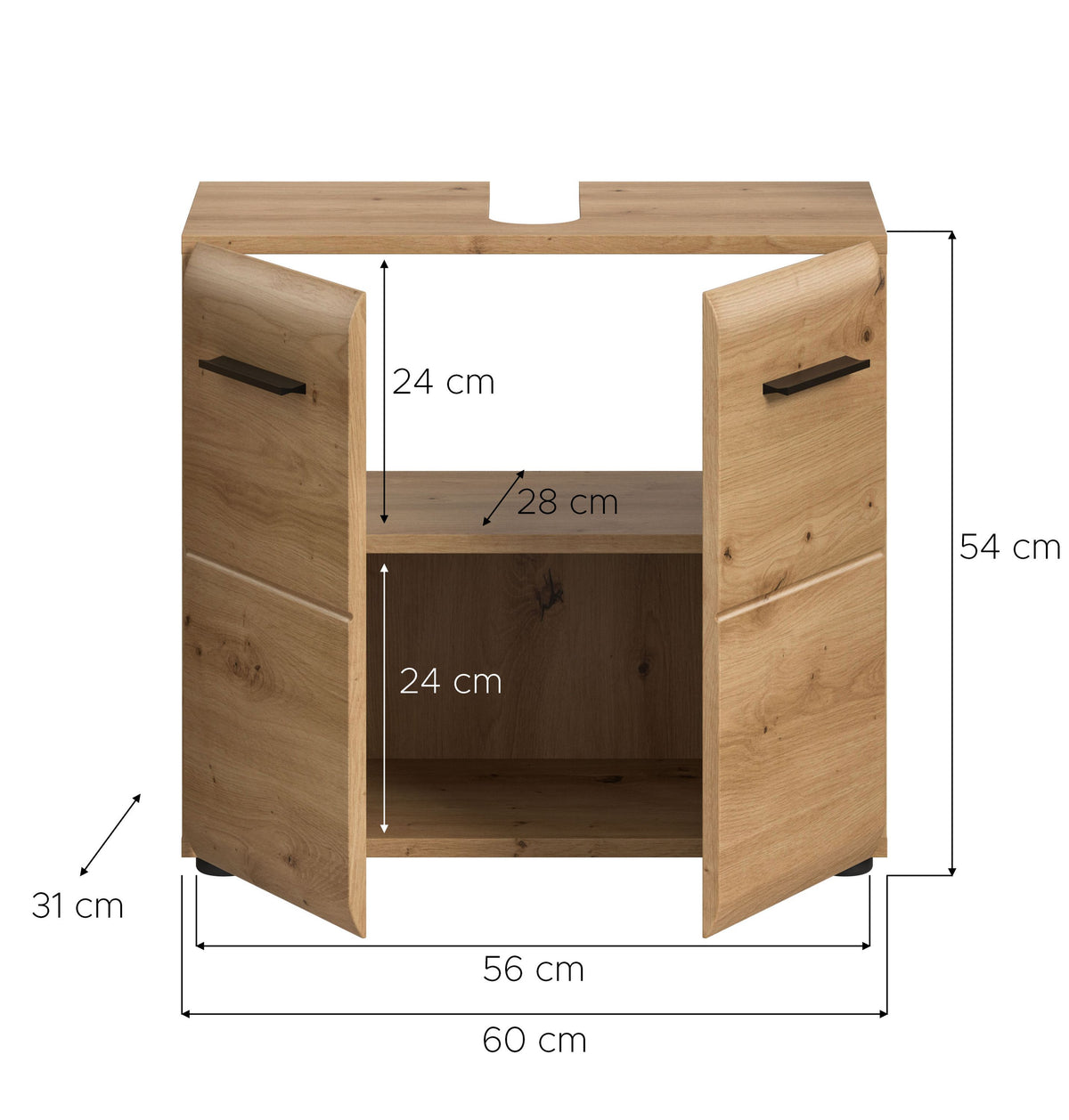Waschbeckenunterschrank 60 cm Holzdekor, Maßzeichnung mit Innenfach