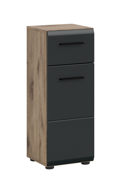Badezimmerschrank schmal in Dunkelgrau mit Holzseite und drei Fronten mit Griffen