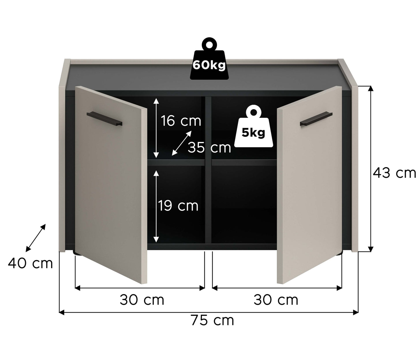Garderobenschrank mit Sitzbank, Maße 75 cm breit und 43 cm hoch, offene Innenfächer.