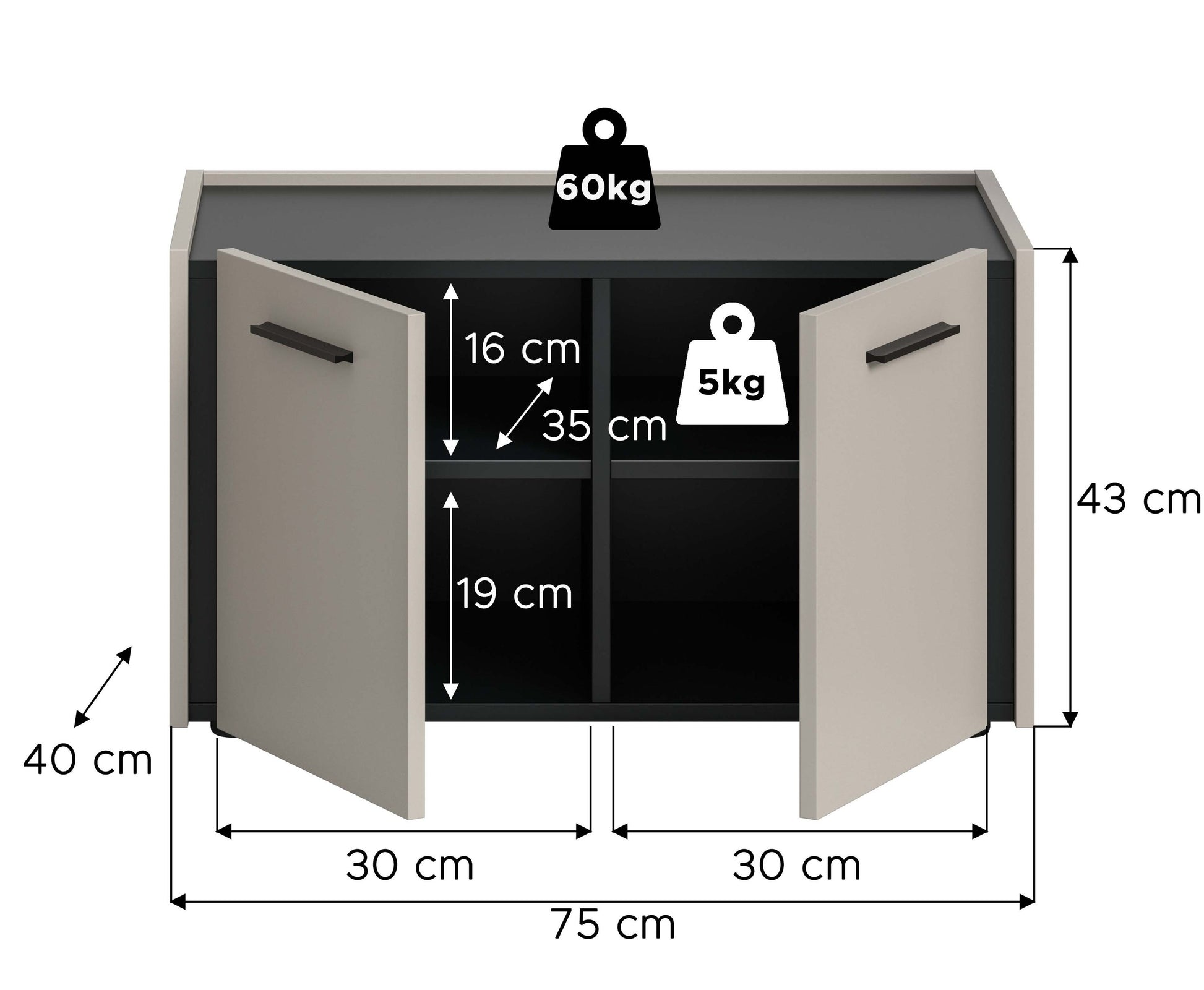 Garderobenschrank mit Sitzbank, Maße 75 cm breit und 43 cm hoch, offene Innenfächer.