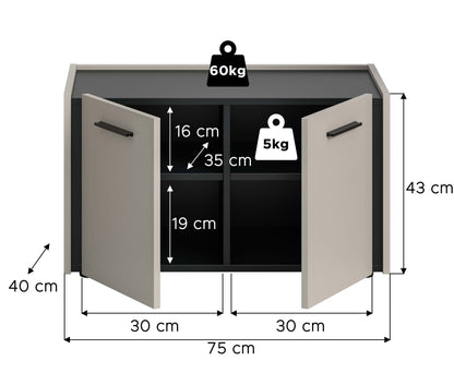 Garderobenschrank mit Sitzbank, Maße 75 cm breit und 43 cm hoch, offene Innenfächer.