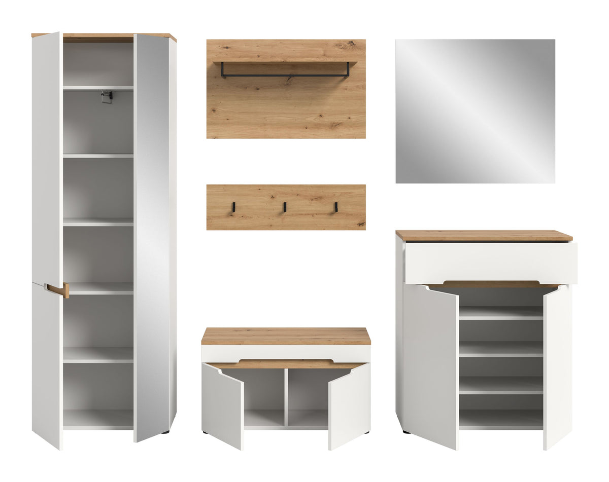 Garderoben-Set mit offener Schranktür: Fächer, Schuhbank, Wandspiegel und Hakenleiste