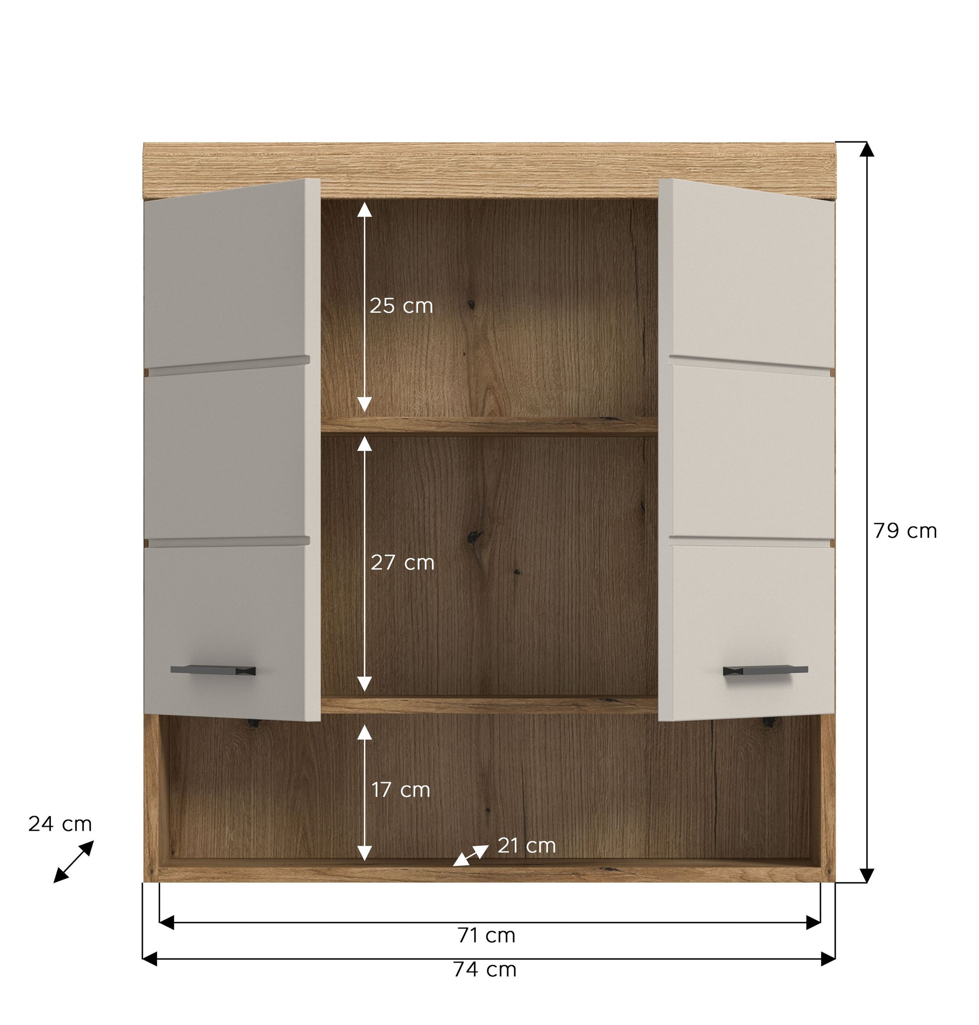 Badezimmerschrank mit offenen Fächern, Holzdekor innen, weiße Türen