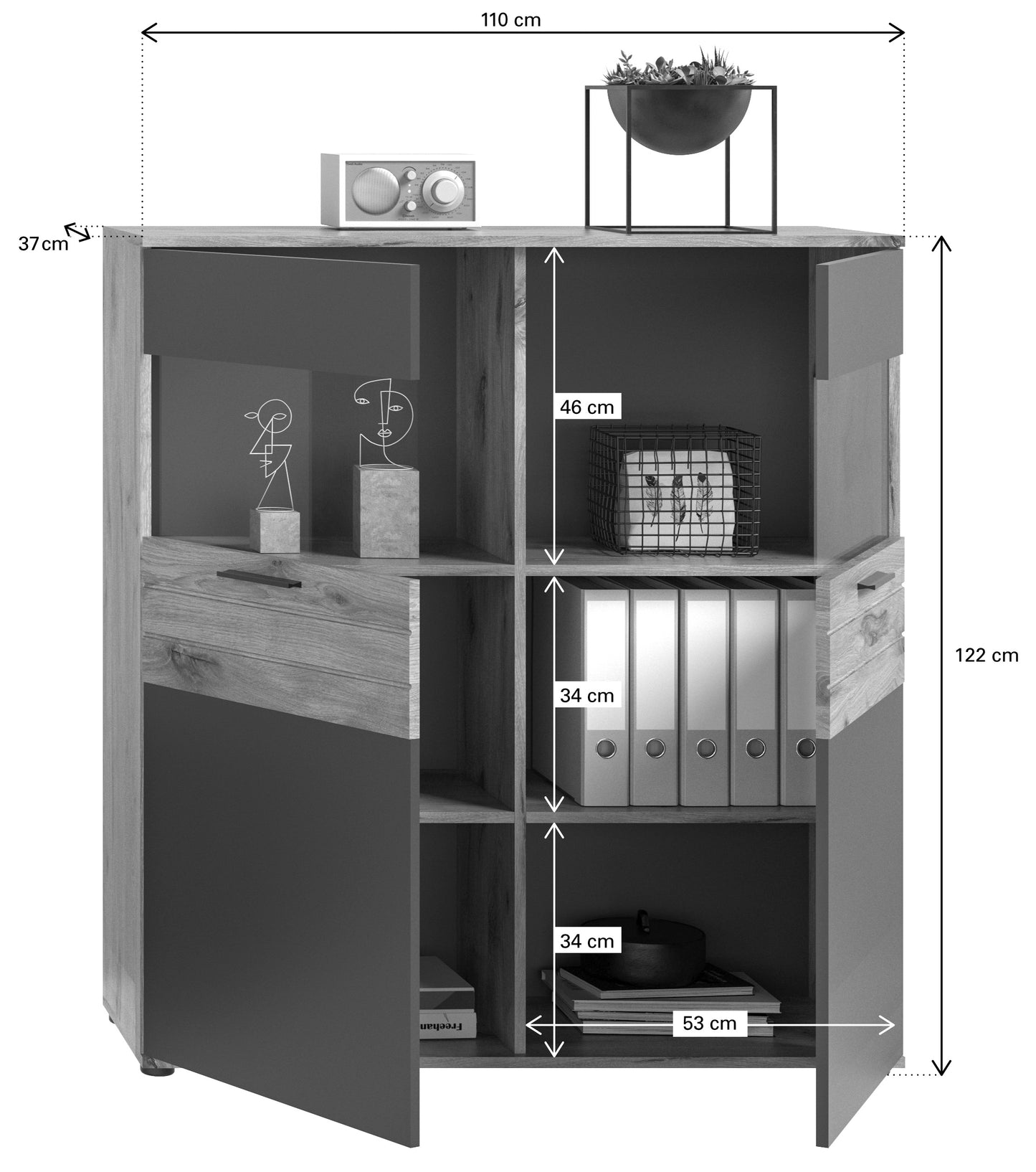 Vitrine MASON (L/H/P : env. 110/122/37 cm) en imitation chêne Nox/gris basalte