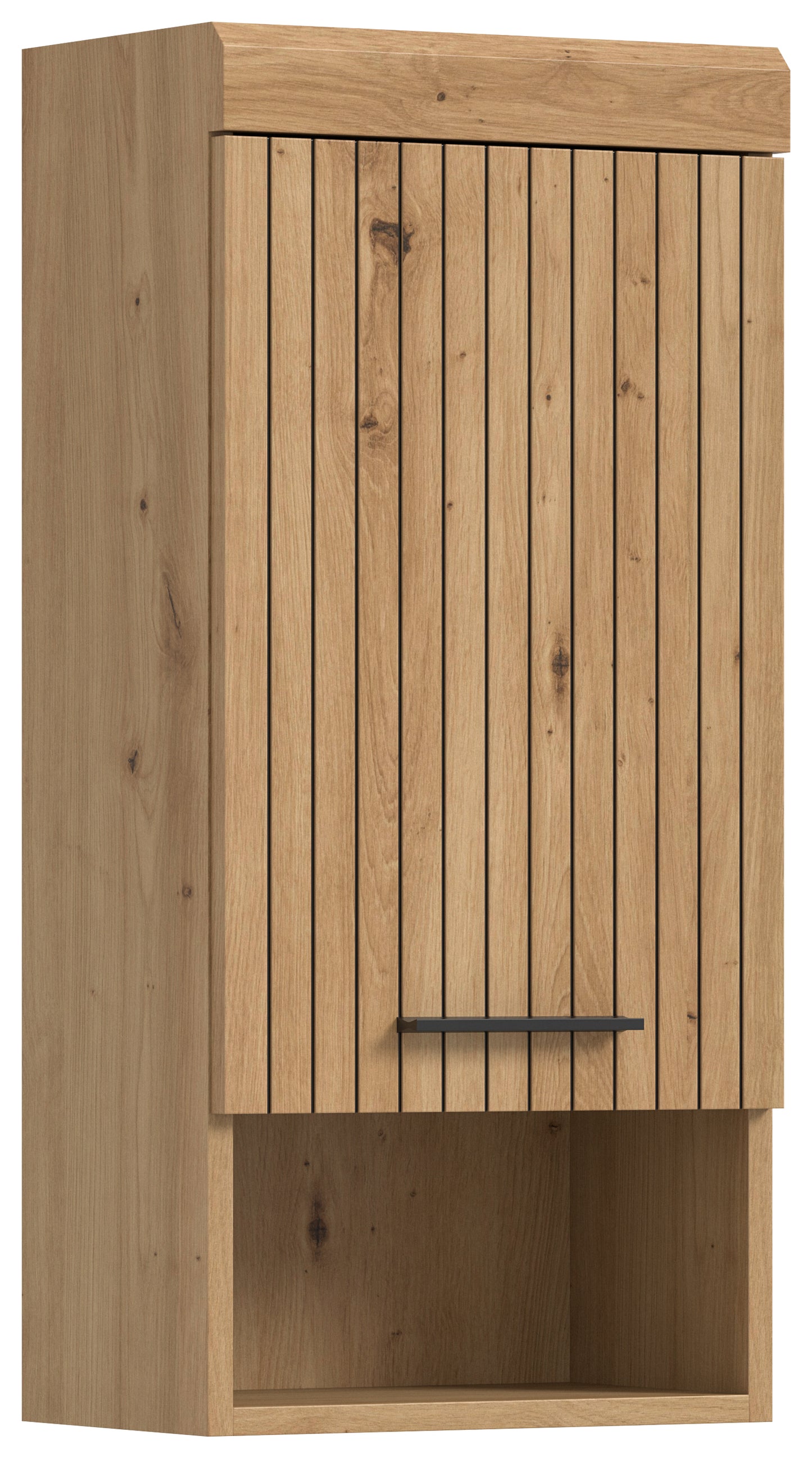 Brauner Hängeschrank mit vertikaler Holzstruktur und Frontgriff