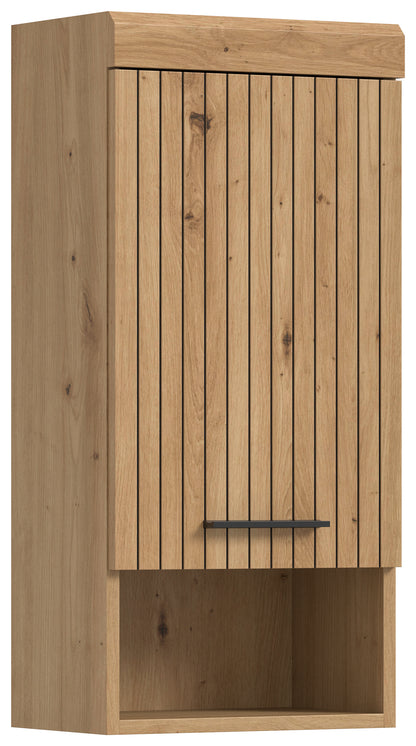 Brauner Hängeschrank mit vertikaler Holzstruktur und Frontgriff