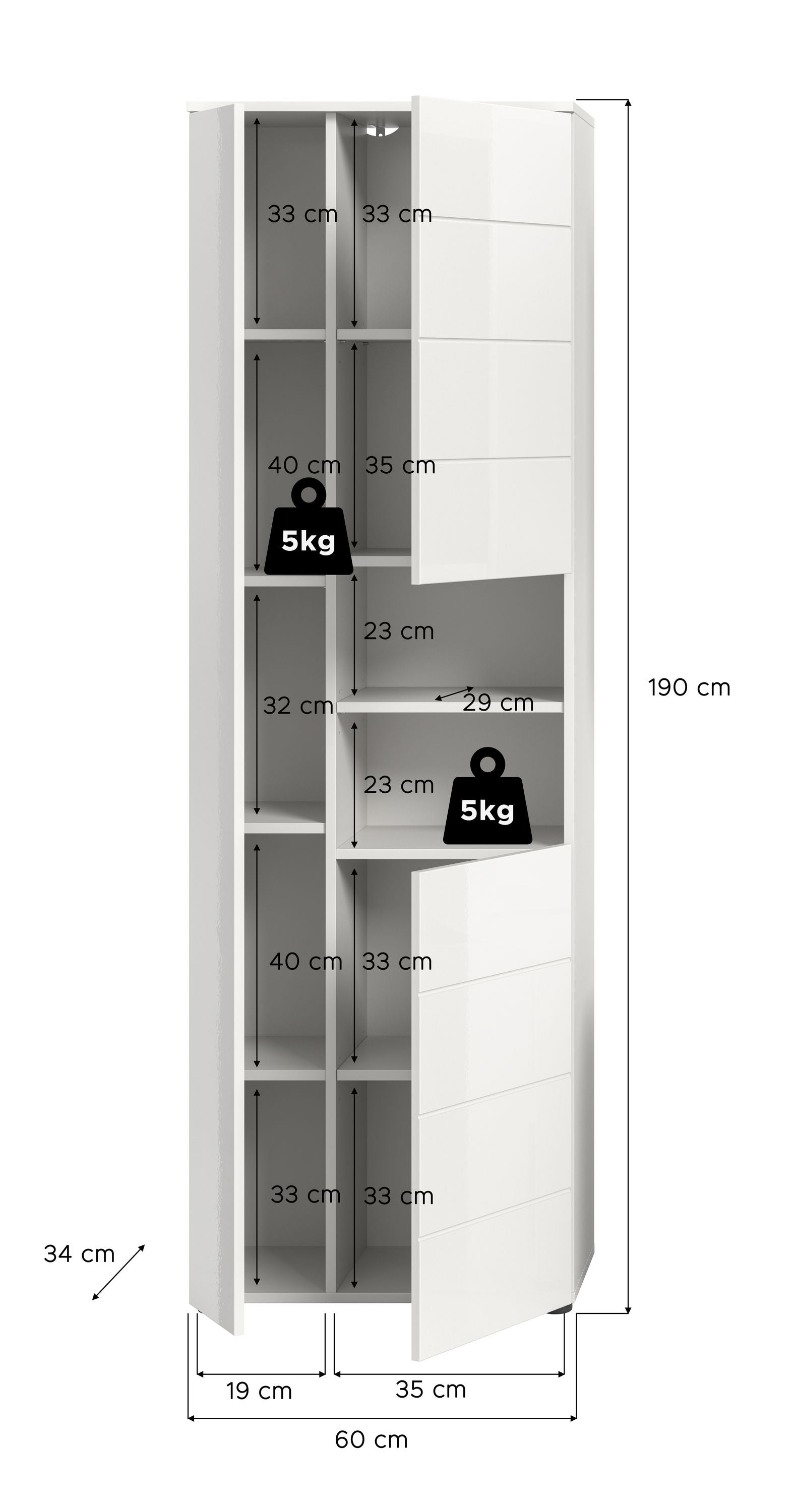 Badhochschrank weiß Hochglanz mit Maßangaben und Innenfächern