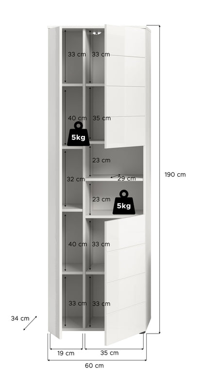 Badhochschrank weiß Hochglanz mit Maßangaben und Innenfächern