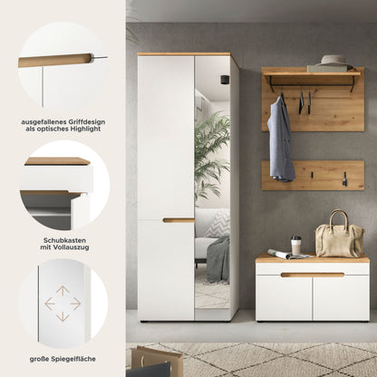 Garderobenset mit großem Spiegel und Griffleisten-Optik am Schrank, Holzdetails