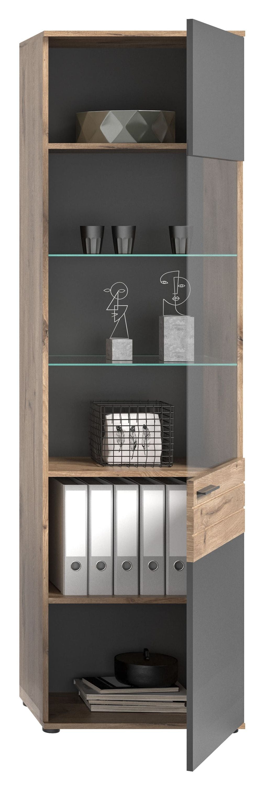 Vitrine MASON (L/H/P : env. 57/200/37 cm) en imitation Chêne Nox/gris Basalte