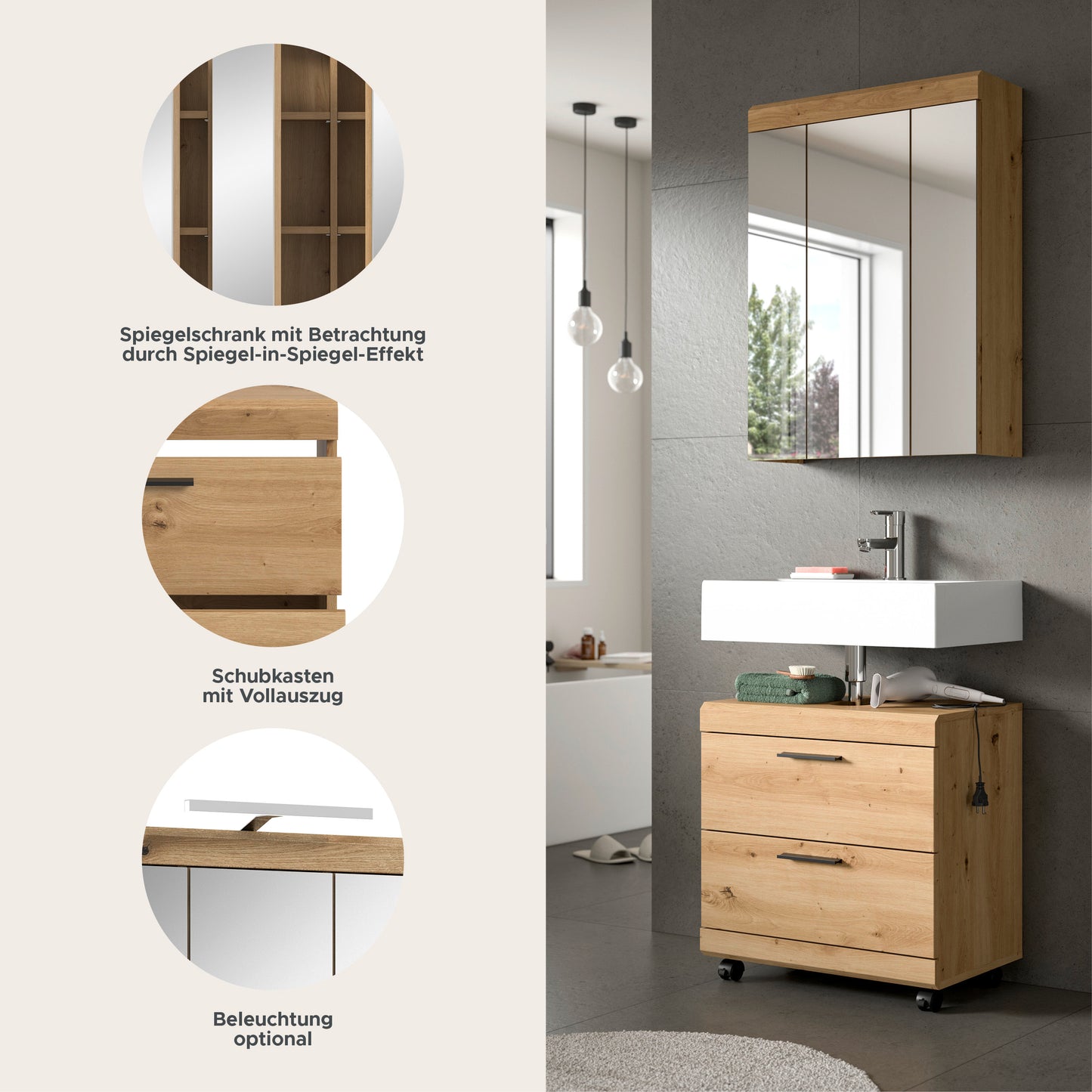 Meuble de salle de bain à roulettes SCOUT (l/H/P : env. 60/191/34 cm) en imitation chêne Evoke/-