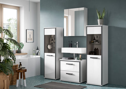 Badmöbel-Set mit Spiegelschrank, Waschtischunterschrank und zwei Hochschränken, weiß hochglänzend