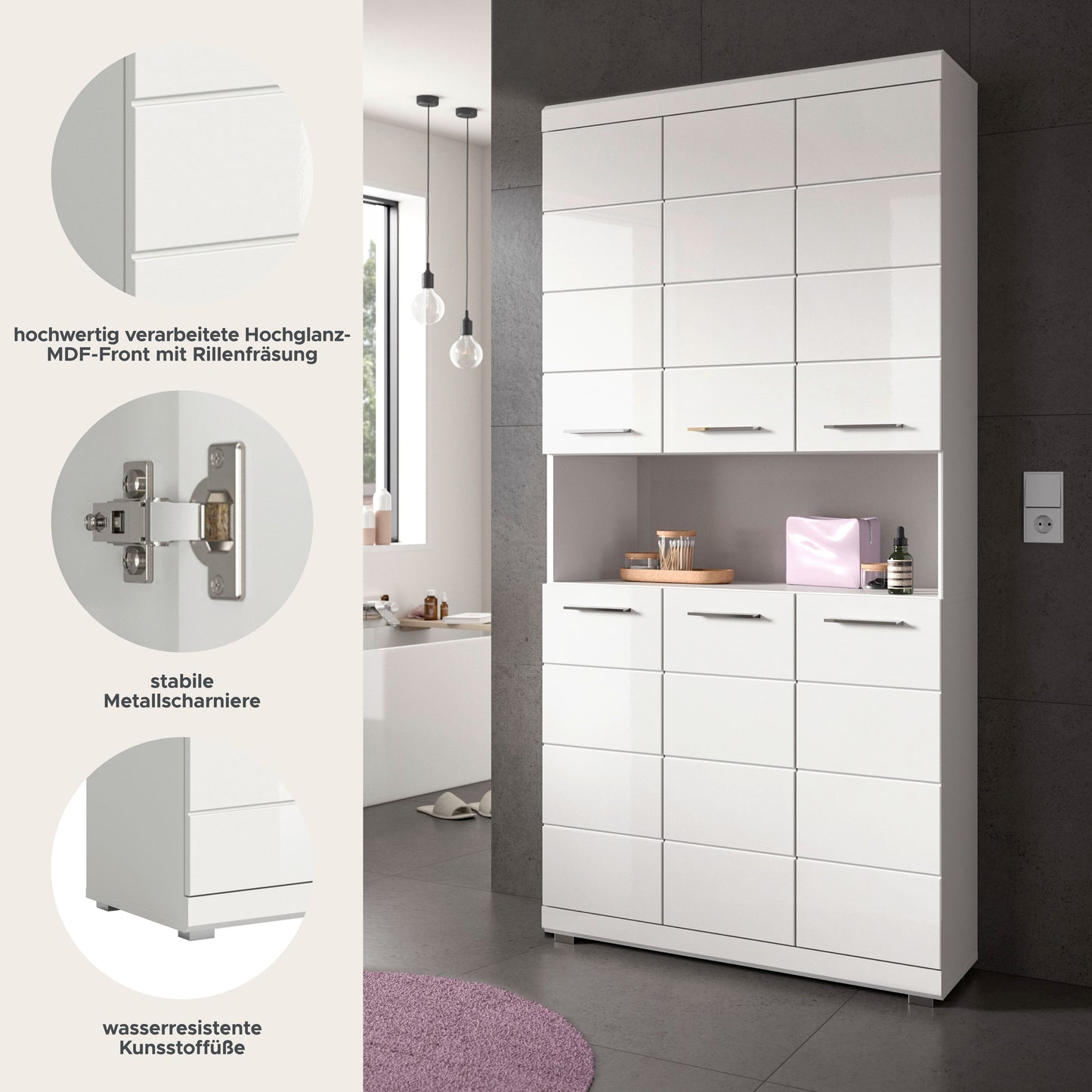 Scout Hochschrank breit  (B/H/T: 90x191x31 cm) in Weiß hochglanz und Weiß