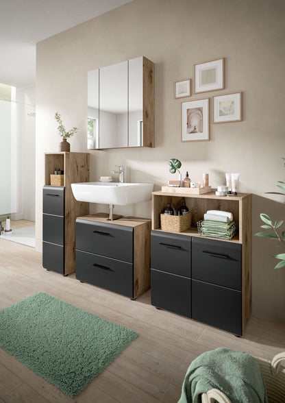 Badezimmermöbel-Set mit hellem Holz und grauen Fronten, Waschtisch und Stauraum