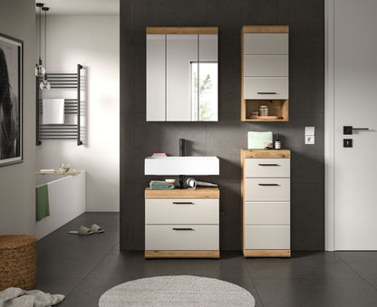 Badezimmerset in hellen Fronten und Holzoptik: Spiegelschrank, Waschtisch, Hochschrank