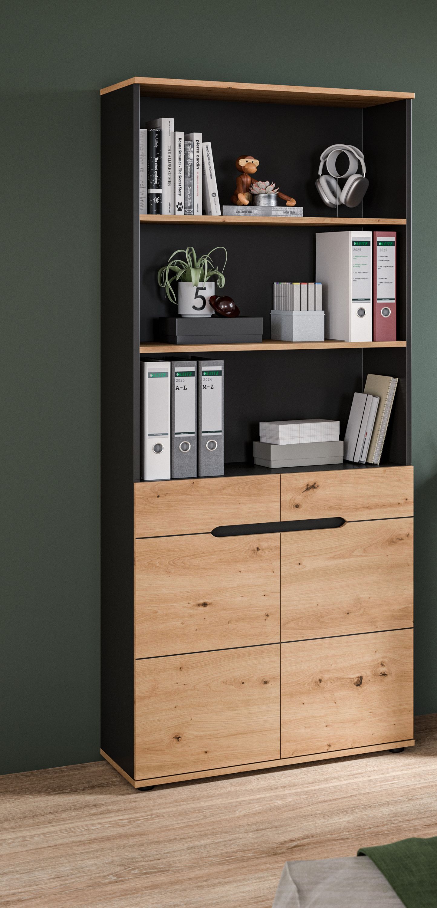Aktenschrank mit Regal, Holzoptik und Anthrazit, offene Fächer und Schublade mit Griff