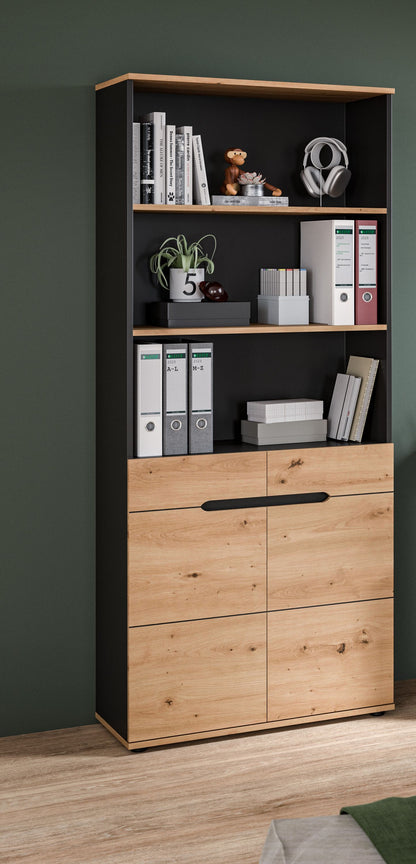Aktenschrank mit Regal, Holzoptik und Anthrazit, offene Fächer und Schublade mit Griff