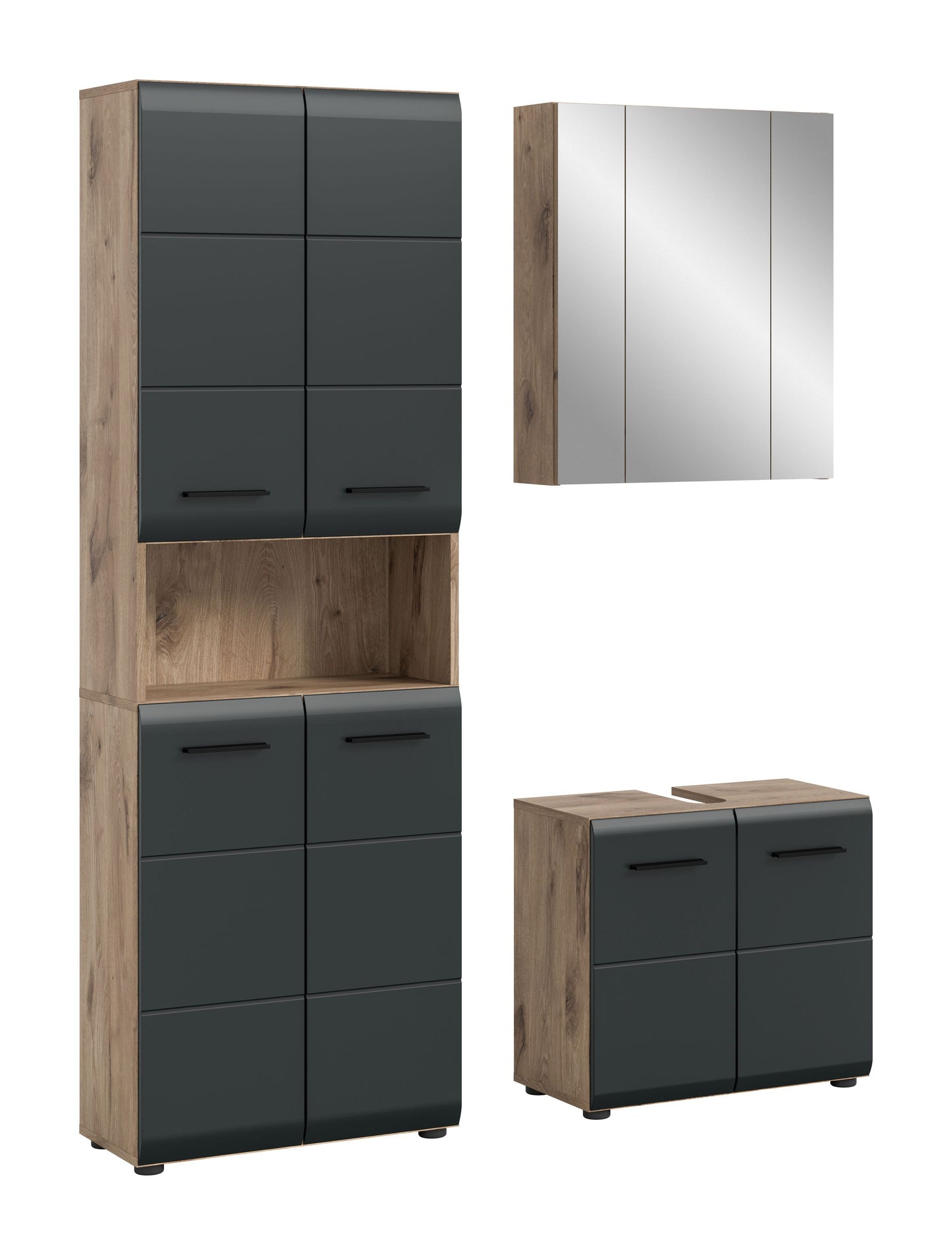 Badezimmer-Set in Holzdekor und dunkelgrau: hoher Schrank, Spiegelschrank, Unterschrank