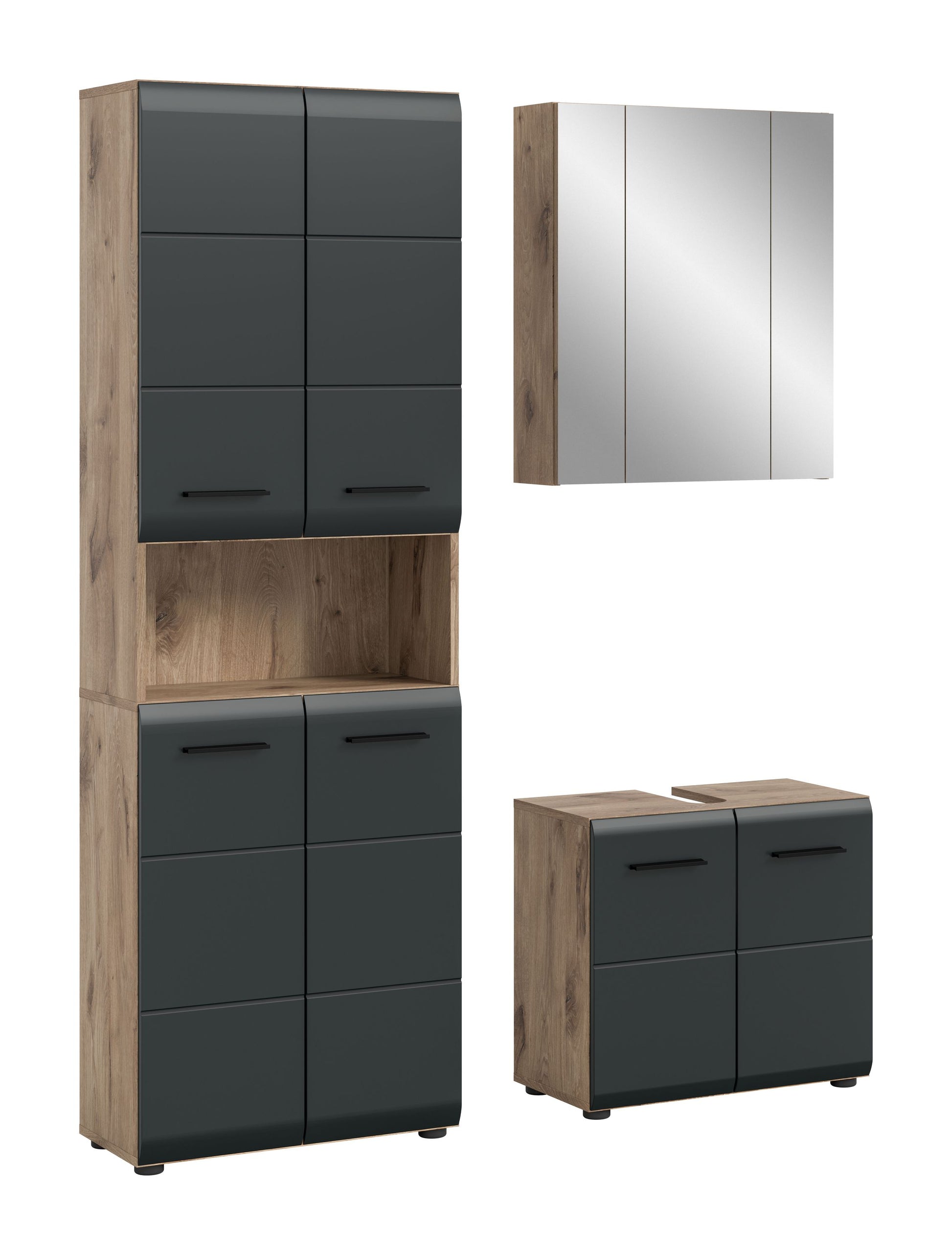 Badezimmer-Set in Holzdekor und dunkelgrau: hoher Schrank, Spiegelschrank, Unterschrank