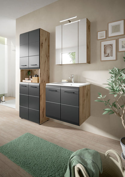 Badezimmermöbel-Set aus Holz und Anthrazit: hoher Schrank, Spiegelschrank und Waschtisch