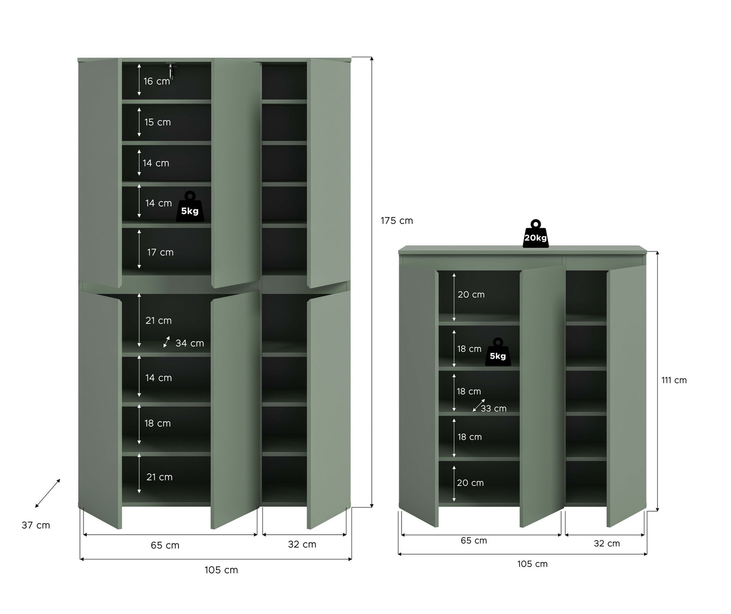 Armoire universelle SCARPA (L/H/P : env. 235/175/37 cm) en vert fumée/vert fumée