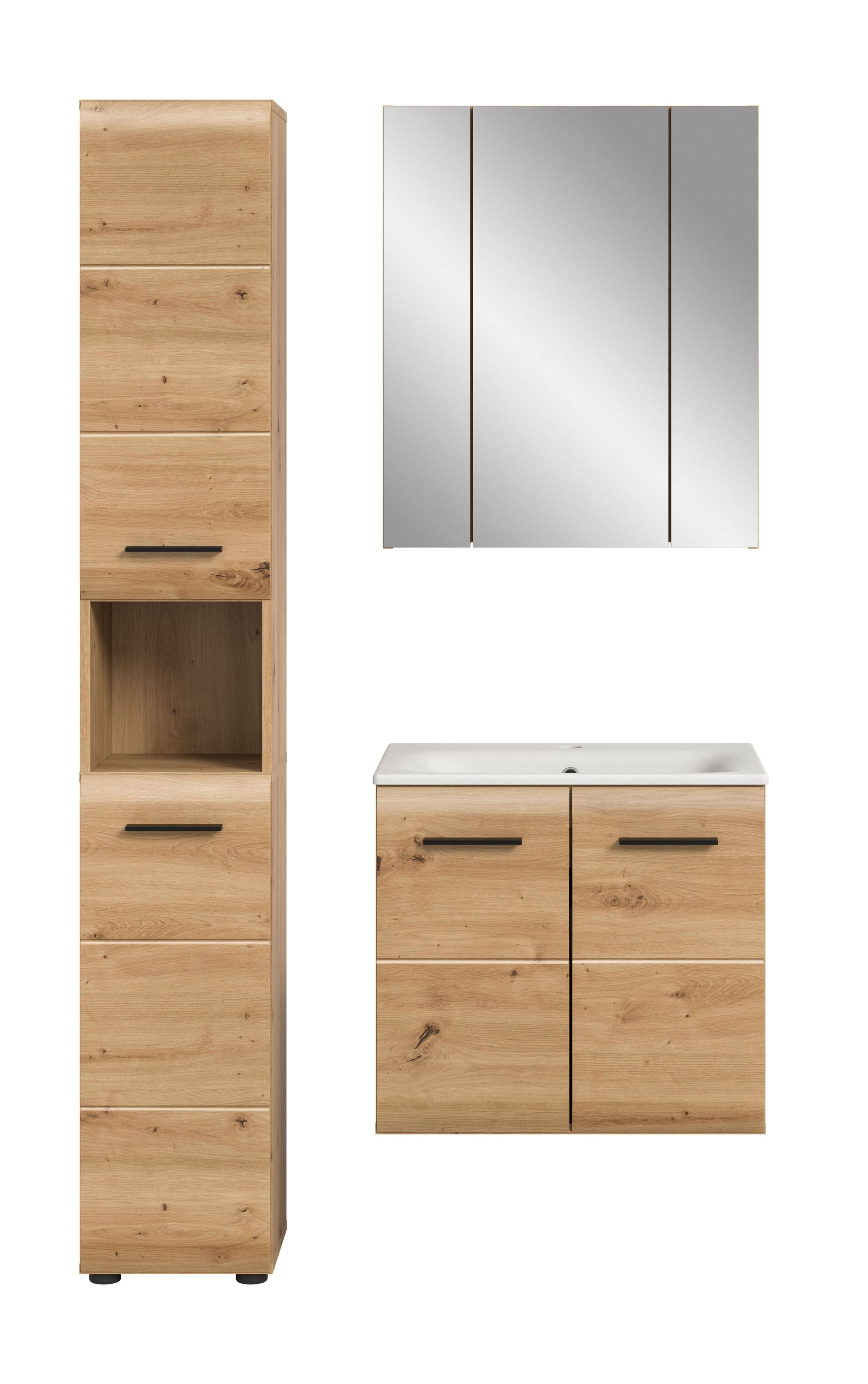 4-teiliges Badezimmer-Badmöbel-Set: Hochschrank, Spiegel und Waschtisch in heller Holzoptik