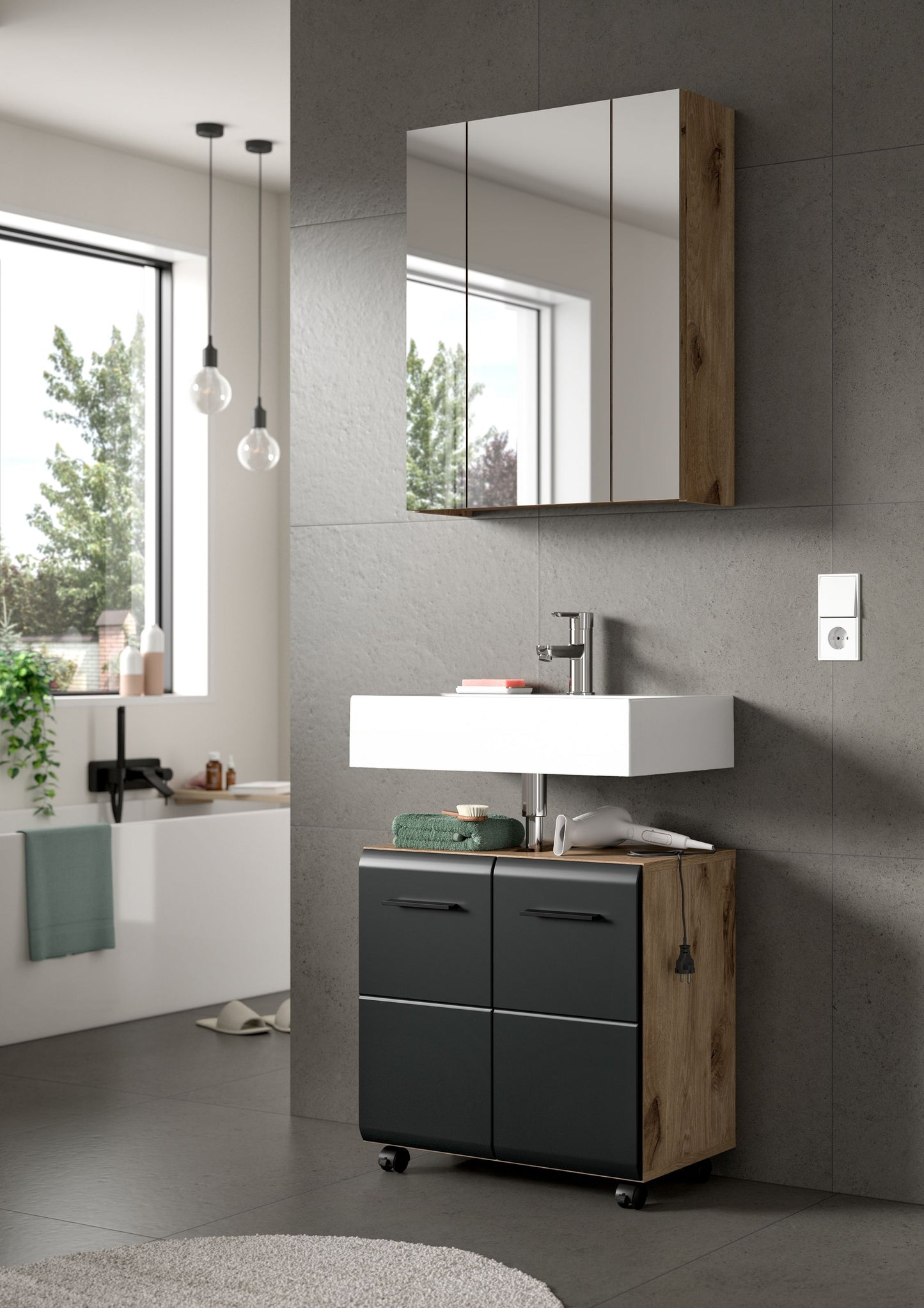 Ensemble de salle de bain sur roulettes ICE (L/H/P : env. 60/185/30 cm) imitation chêne Nox/noir mat