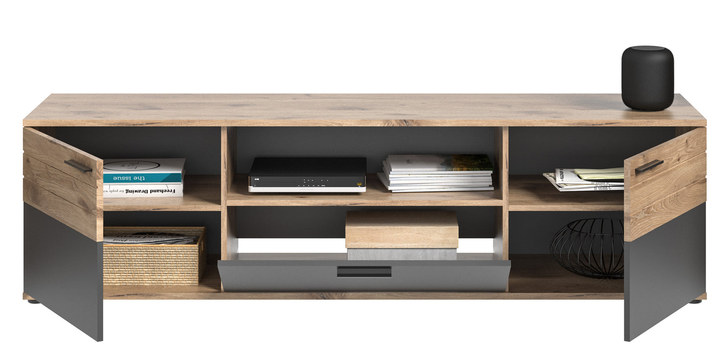Meuble TV bas grand MASON (L/H/P : env. 194/53/47 cm) en imitation chêne Nox/gris basalte