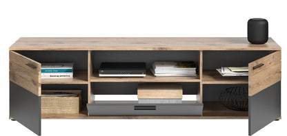 Meuble TV bas grand MASON (L/H/P : env. 194/53/47 cm) en imitation chêne Nox/gris basalte