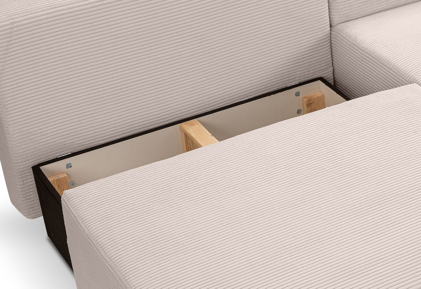 Cord-Schlafsofa, Nahansicht der Unterseite mit Holzleisten und Rahmenöffnung