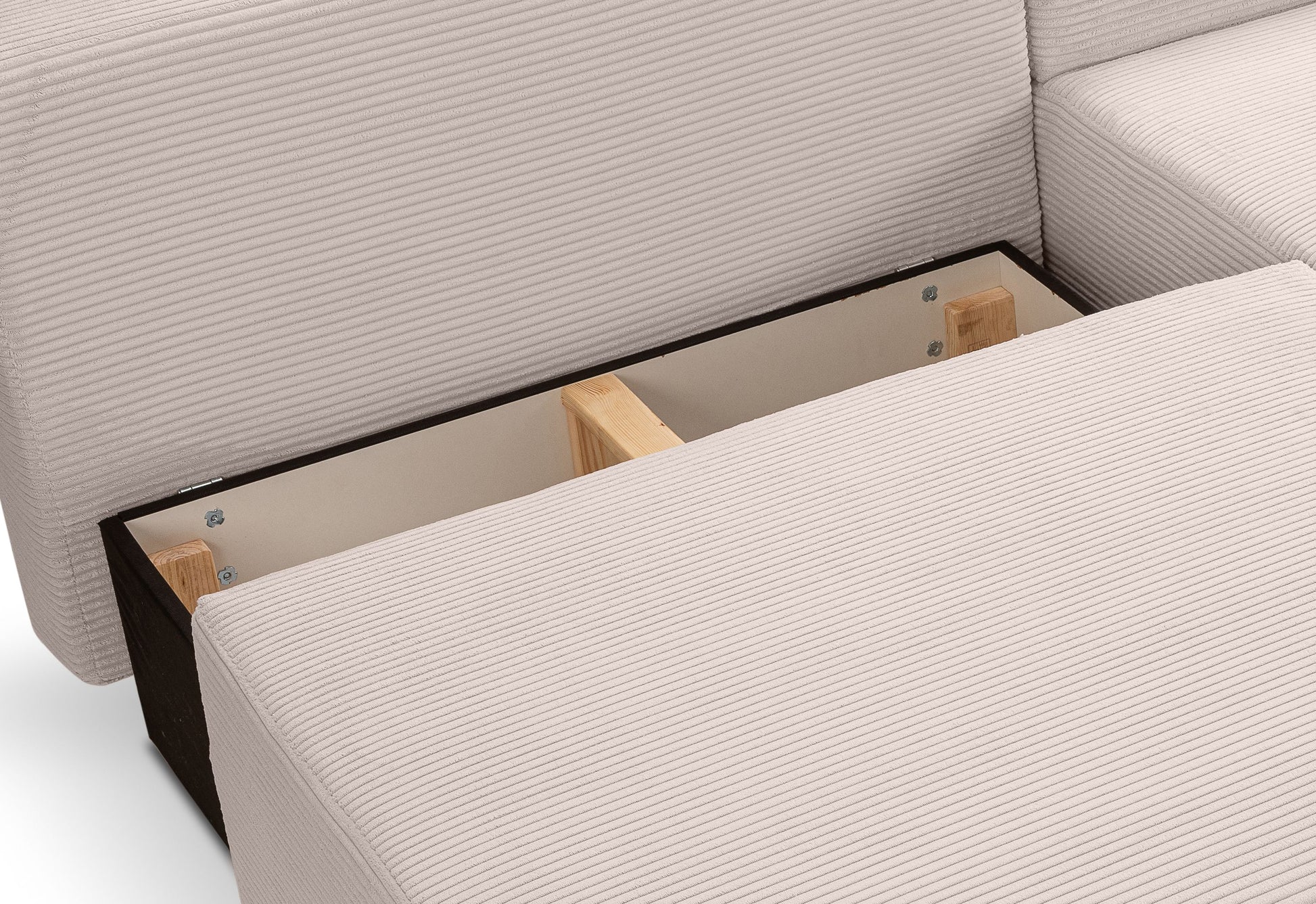 Cord-Schlafsofa, Nahansicht der Unterseite mit Holzleisten und Rahmenöffnung