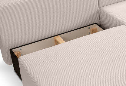 Cord-Schlafsofa, Nahansicht der Unterseite mit Holzleisten und Rahmenöffnung