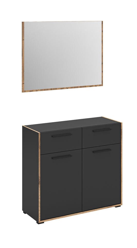 Garderoben-Set mit Holzrahmen-Platte und dunkelgrauem Schrank: 2 Türen, 2 Schubladen