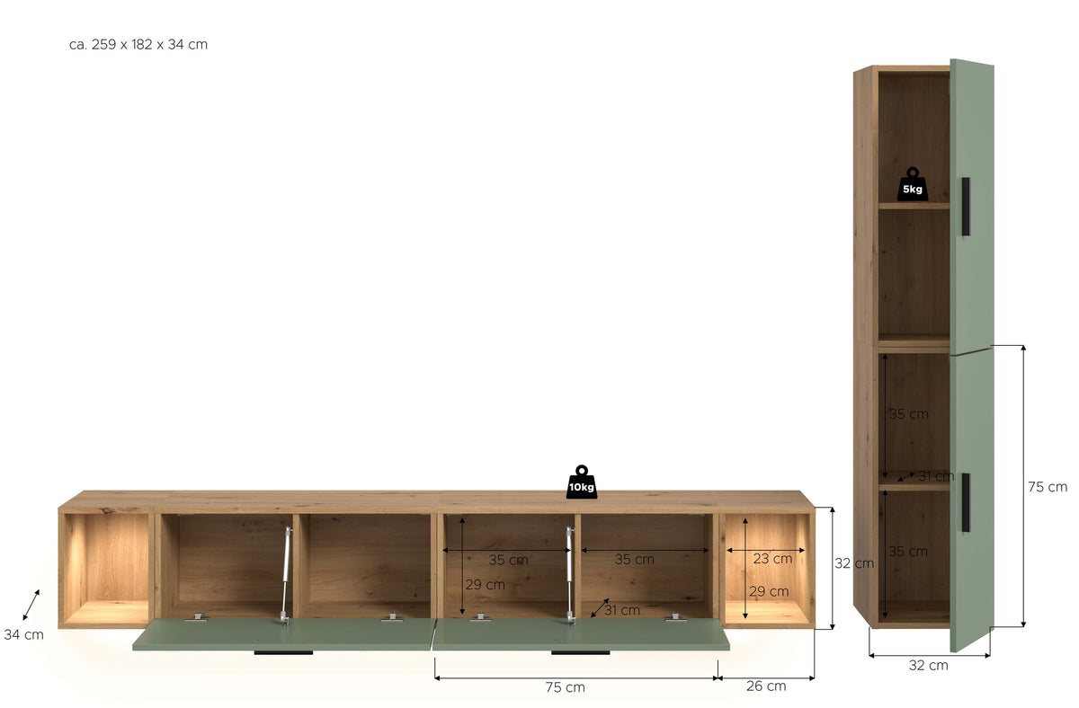 Maßzeichnung TV-Wohnwand: Lowboard mit Beleuchtung, Artisan-Oak und Smoke-Green Seitenschrank