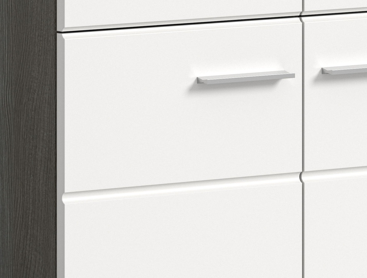 Garderobenschrank mit Spiegel, weißer Hochglanz, Griffmulden an Schubladenfront