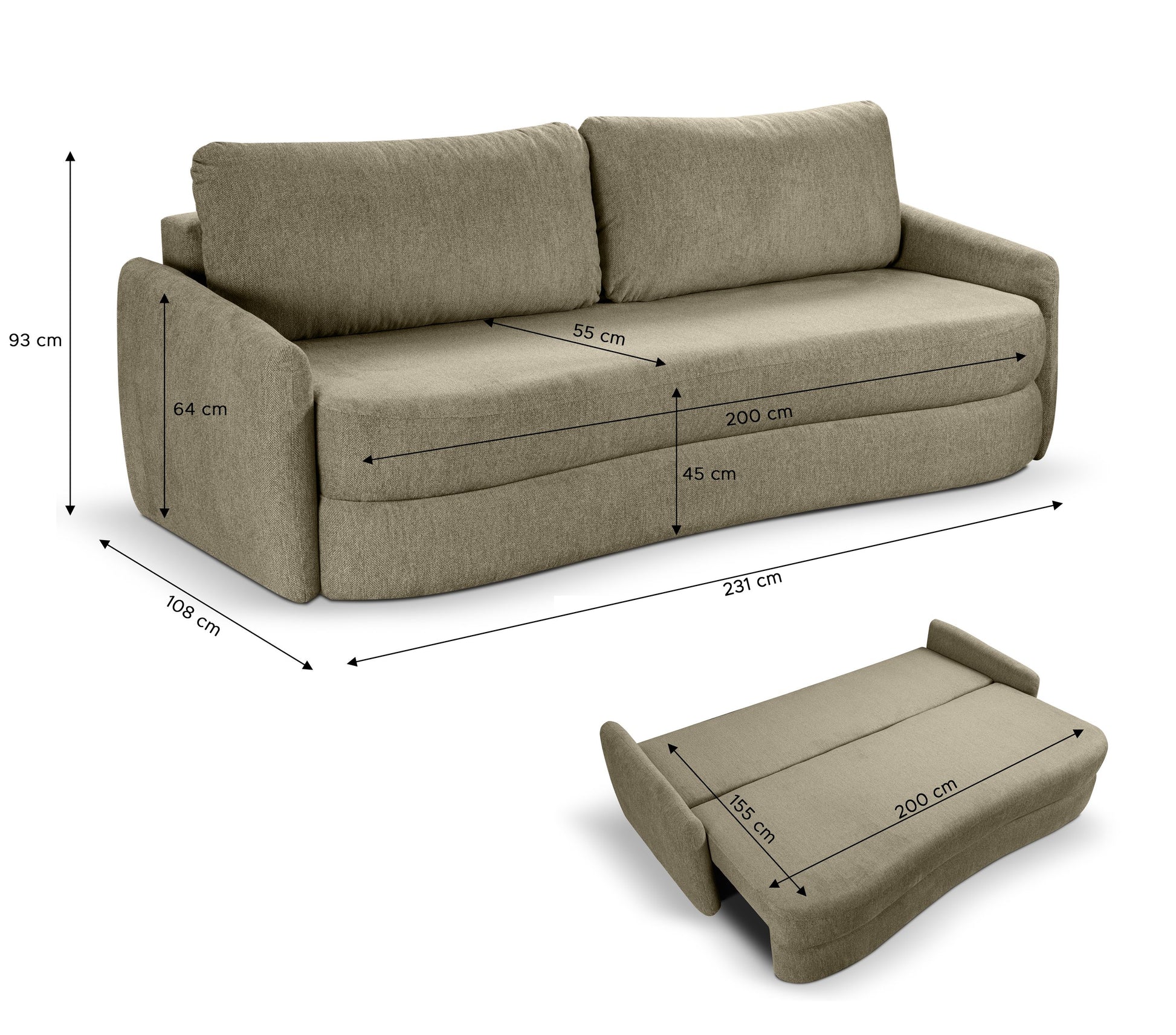Schlafsofa in olivgrünem Bezug mit Maßangaben, inklusive ausgeklappter Liegefläche