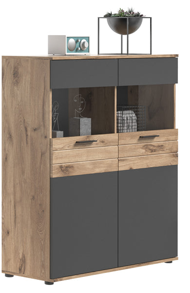Vitrine MASON (L/H/P : env. 110/122/37 cm) en imitation chêne Nox/gris basalte