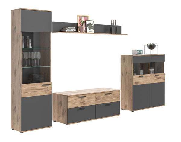 Wohnkombination MASON (B/H/T: ca. 327/200/44 cm) in Nox Oak Nachbildung/Basalt grau