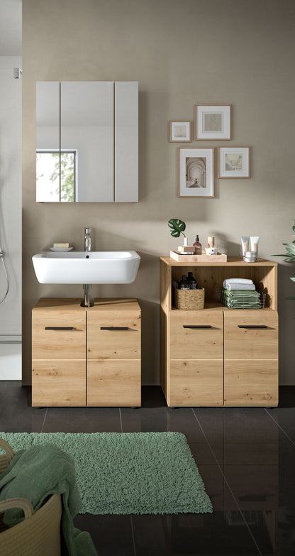 Badezimmermöbel-Set mit Waschbecken-Unterschrank und Spiegelschrank, helle Fronten und Holz