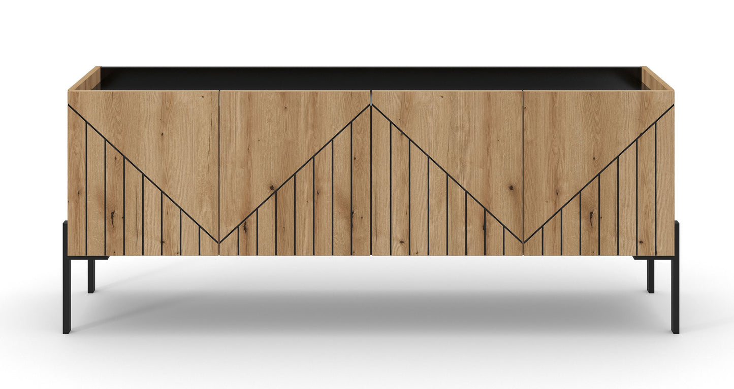 Lowboard aus hellem Holz mit Frontmuster und schwarzer Oberseite, seitliche schwarze Füße