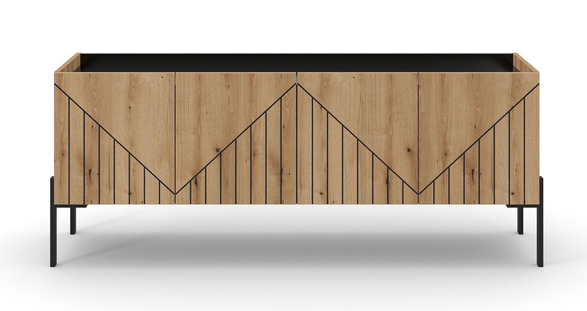 Lowboard aus hellem Holz mit Frontmuster und schwarzer Oberseite, seitliche schwarze Füße