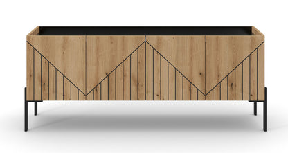 Lowboard aus hellem Holz mit Frontmuster und schwarzer Oberseite, seitliche schwarze Füße
